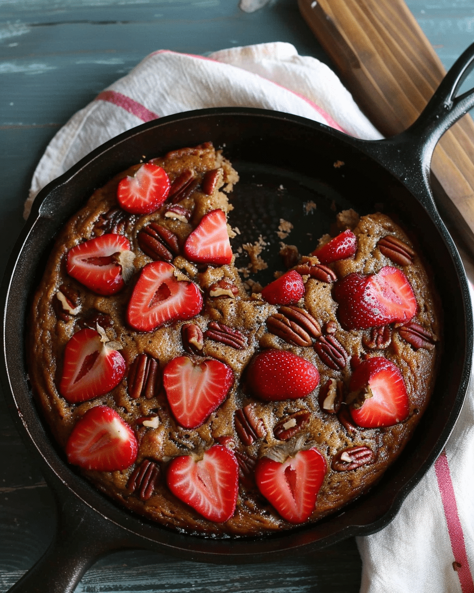 Brown Butter Banana Skillet Cake with Strawberries and Pecans