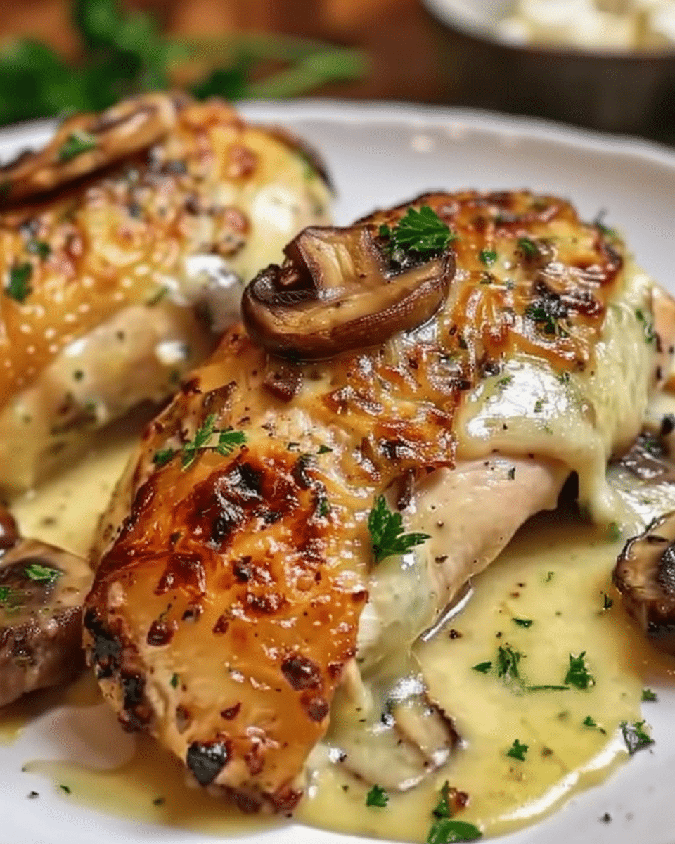 Cheesy Garlic Butter Mushroom Stuffed Chicken