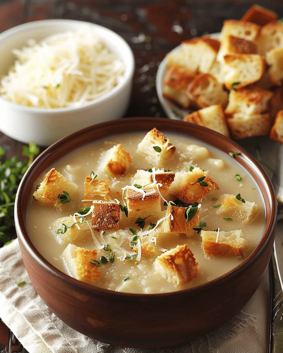 Creamy Garlic Bread Soup with Homemade Croutons