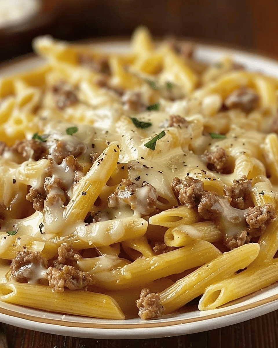 Cheesy Penne with Garlic Butter Ground Beef